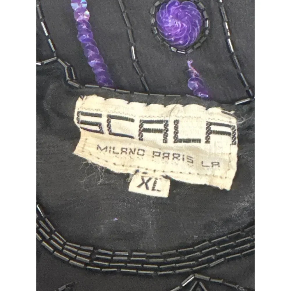 Vintage Scala Silk Blouse Black Purple Beading Sequins Long Sleeve Women's XL - Picture 5 of 8